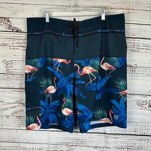 Mens Ocean Current Swim Board Shorts Navy Blue Flamingos 10" Beach Retro Sz 38